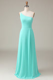 Dark Green A-Line One Shoulder Floor Length Chiffon Bridesmaid Dress