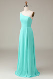 Dark Green A-Line One Shoulder Floor Length Chiffon Bridesmaid Dress