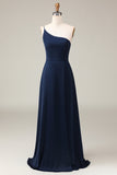 Dark Green A-Line One Shoulder Floor Length Chiffon Bridesmaid Dress