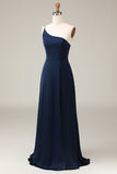 Dark Green A-Line One Shoulder Floor Length Chiffon Bridesmaid Dress