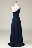 Dark Green A-Line One Shoulder Floor Length Chiffon Bridesmaid Dress