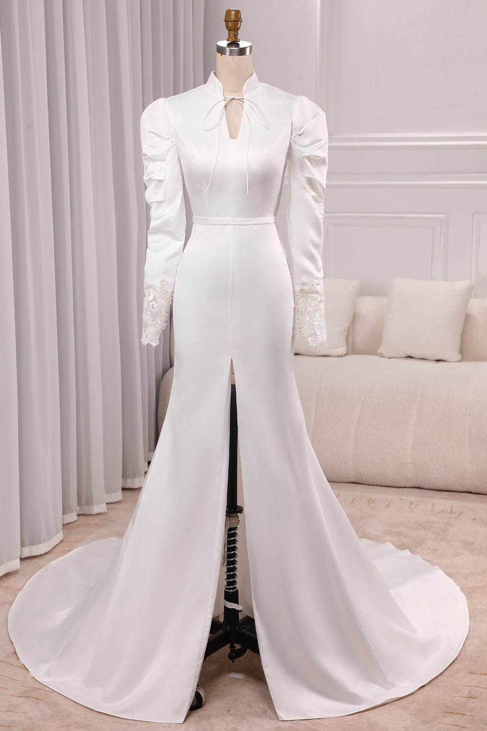 Elegant Ivory Mermaid High Neck Long Sleeve Modest Wedding Gown