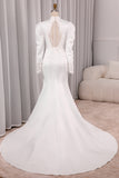 Elegant Ivory Mermaid High Neck Long Sleeve Modest Wedding Gown