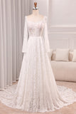 Ivory A Line Square Neck Corset Lace Chapel Train Wedding Dresses With Long Sleeves