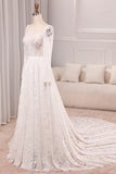 Ivory A Line Square Neck Corset Lace Chapel Train Bridal Dresses With Long Sleeves