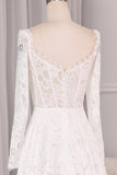 Ivory A Line Square Neck Corset Lace Chapel Train Bridal Dresses With Long Sleeves