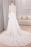 Ivory A Line Square Neck Corset Lace Chapel Train Wedding Dresses With Long Sleeves