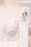 Ivory A Line Square Neck Corset Lace Chapel Train Bridal Dresses With Long Sleeves