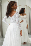 Ivory A Line Square Neck Corset Lace Chapel Train Wedding Dresses With Long Sleeves