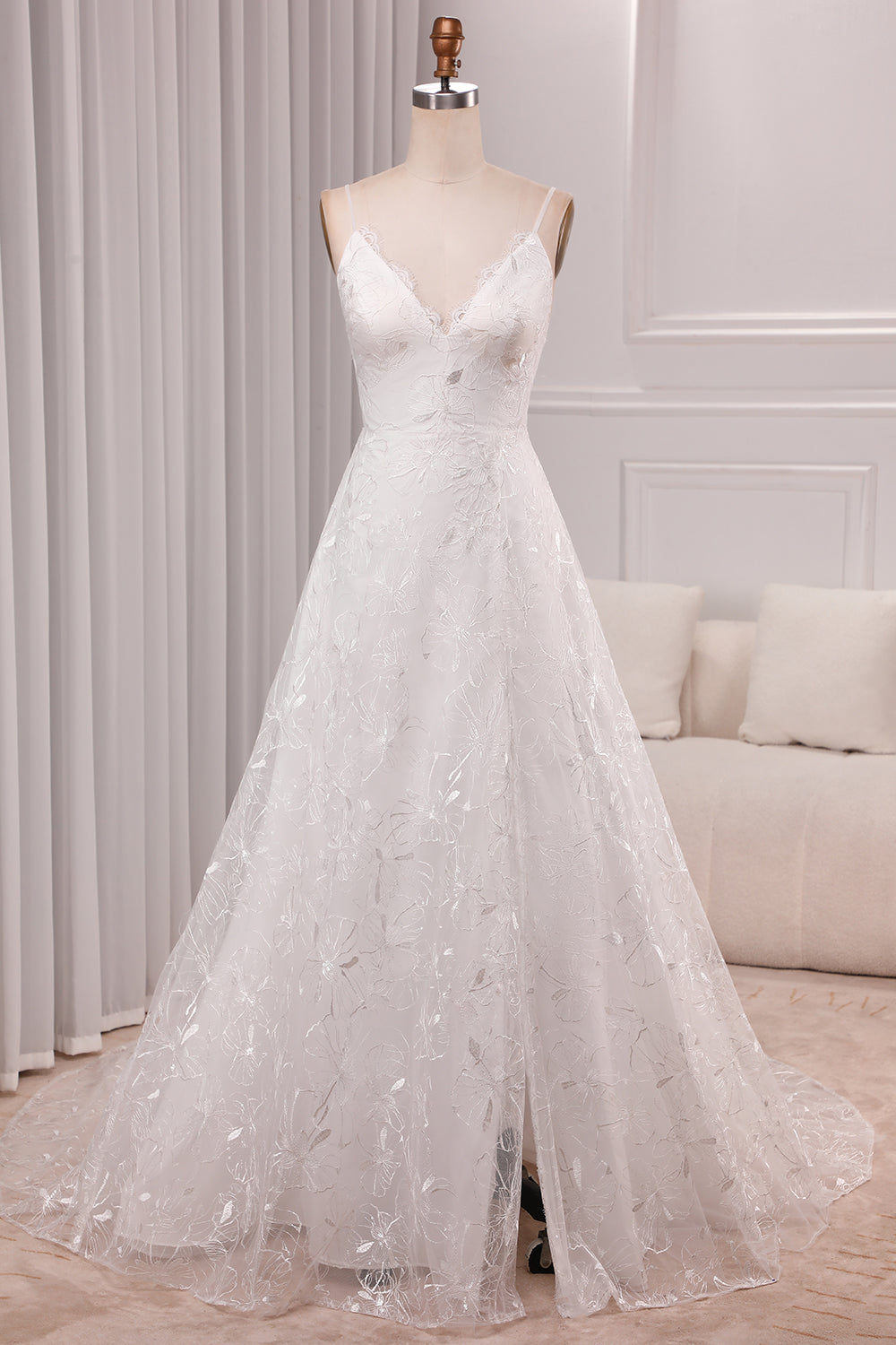 Wedtrend Women Ivory Bridal Dress A Line Spaghetti Straps Lace Chapel Train Wedding Dresses With Slit WEDTREND Wedtrend Women Ivory Bridal Dress A Line Spaghetti Straps Lace Chapel Train Wedding Dresses With Slit WEDTREND