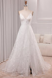 Ivory A Line Spaghetti Straps Lace Chapel Train Wedding Dresses With Slit