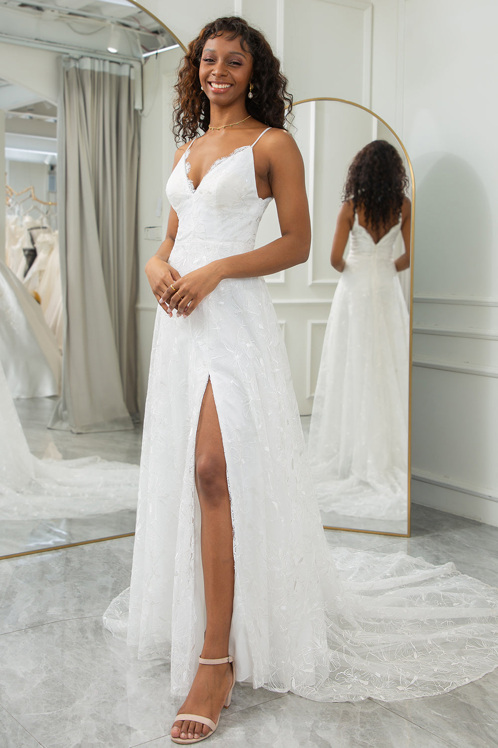 Ivory A Line Spaghetti Straps Lace Chapel Train Wedding Dresses With Slit