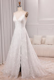 Ivory A Line Spaghetti Straps Lace Chapel Train Sparkly Bridal Dresses With Slit