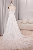 Ivory A Line Spaghetti Straps Lace Chapel Train Sparkly Bridal Dresses With Slit