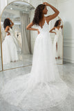 Ivory A Line Spaghetti Straps Lace Chapel Train Wedding Dresses With Slit