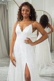 Ivory A Line Spaghetti Straps Lace Chapel Train Wedding Dresses With Slit