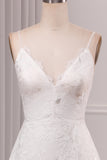 Ivory A Line Spaghetti Straps Lace Chapel Train Sparkly Bridal Dresses With Slit