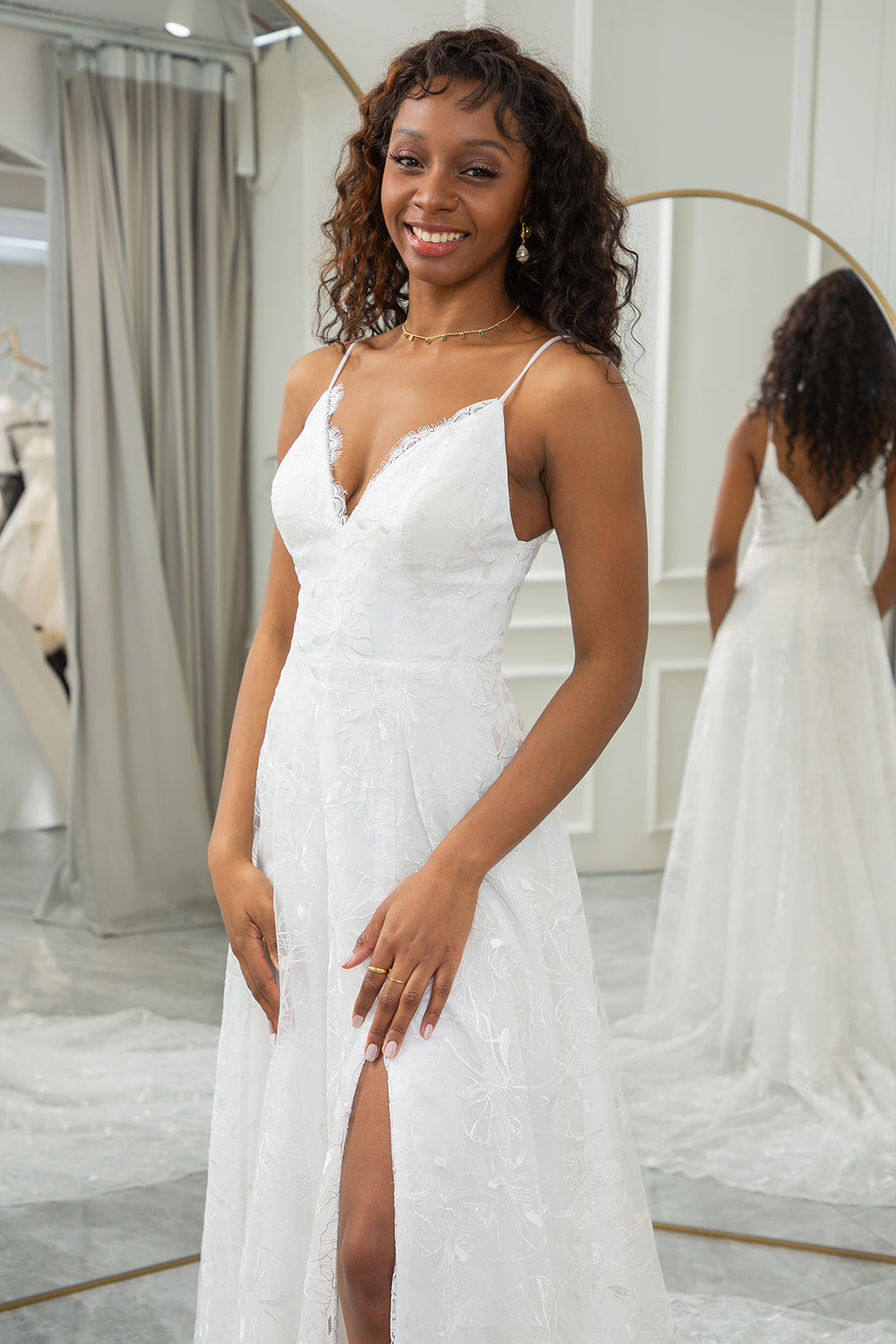 Ivory A Line Spaghetti Straps Lace Chapel Train Wedding Dresses With Slit
