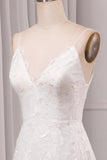 Ivory A Line Spaghetti Straps Lace Chapel Train Sparkly Bridal Dresses With Slit