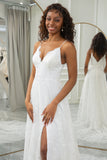 Ivory A Line Spaghetti Straps Lace Chapel Train Wedding Dresses With Slit