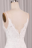 Ivory A Line Spaghetti Straps Lace Chapel Train Sparkly Bridal Dresses With Slit