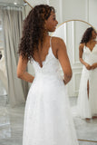 Ivory A Line Spaghetti Straps Lace Chapel Train Wedding Dresses With Slit