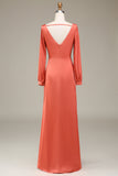 Terracotta A Line V-Neck Satin Bridesmaid Dress With Slit