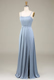 Dusty Blue A-Line Spaghetti Straps Satin Long Bridesmaid Dress With Pleated
