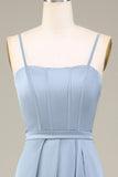 Dusty Blue A-Line Spaghetti Straps Satin Long Bridesmaid Dress With Pleated