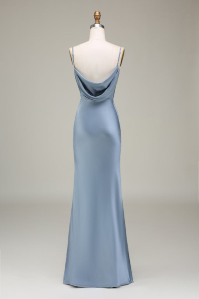 Dusty Blue Formal Dresses Spaghetti Straps V-Neck Sheath Stretch Satin Formal Dress With Split