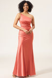 Terracotta Sheath One Shoulder Pleated Floor Length Satin Bridesmaid Dress