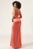 Terracotta Sheath One Shoulder Pleated Floor Length Satin Bridesmaid Dress