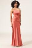 Terracotta Sheath One Shoulder Pleated Floor Length Satin Bridesmaid Dress