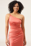 Terracotta Sheath One Shoulder Pleated Floor Length Satin Bridesmaid Dress