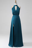 Peacock A-Line Halter Neck Floor Length Bridesmaid Dress with Slit