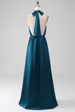 Peacock A-Line Halter Neck Floor Length Bridesmaid Dress with Slit