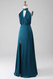 Peacock A-Line Halter Neck Backless Long Bridesmaid Dress with Slit