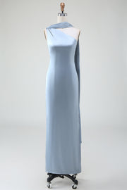 Sheath One-Shoulder Convertible Long Satin Dusty Blue Bridesmaid Dress