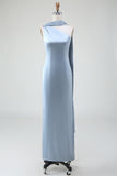 Dusty Blue Sheath One-Shoulder Convertible Satin Bridesmaid Dress with Streamer