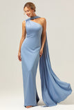 Dusty Blue Sheath One-Shoulder Satin Maxi Dress with Streamer