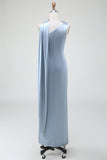 Dusty Blue Sheath One-Shoulder Convertible Satin Bridesmaid Dress with Streamer