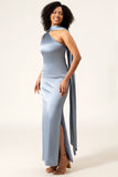 Dusty Blue Sheath One-Shoulder Long Satin Bridesmaid Dress