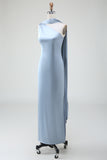Sheath One-Shoulder Long Satin Dusty Blue Bridesmaid Dress