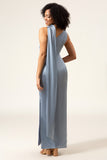 Dusty Blue Sheath One-Shoulder Long Satin Bridesmaid Dress