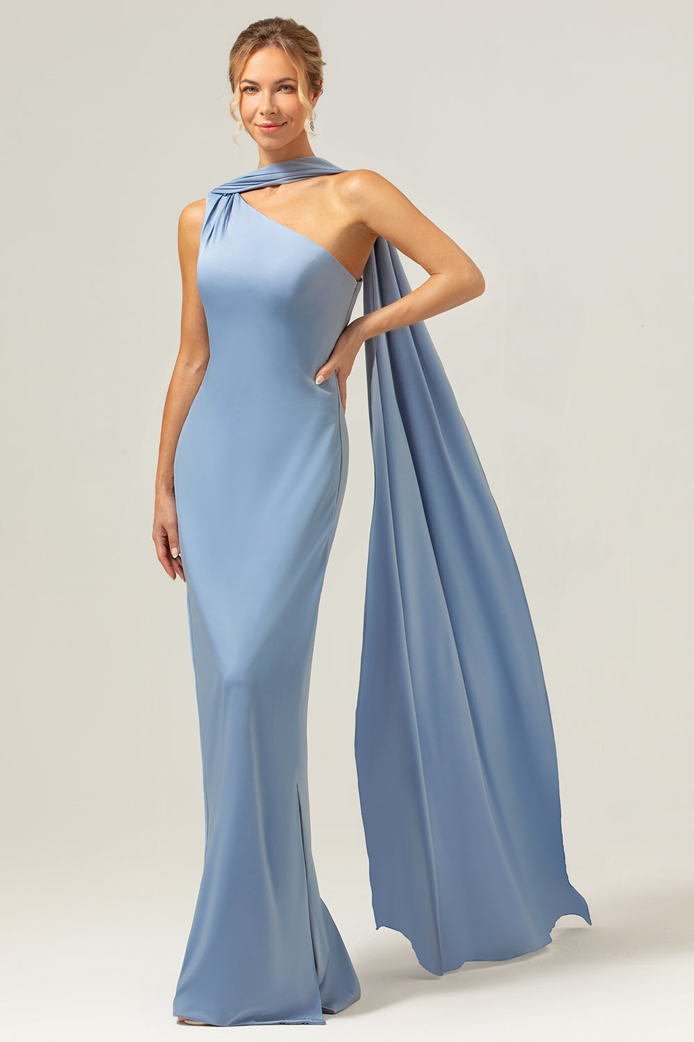 Wedtrend Women Dusty Blue Convertible Long Bridesmaid Dress with Streamer Sheath One-Shoulder Satin Formal Dress WEDTREND Wedtrend Women Dusty Blue Convertible Long Bridesmaid Dress with Streamer Sheath One-Shoulder Satin Formal Dress WEDTREND