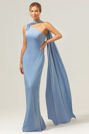 Dusty Blue Sheath One-Shoulder Convertible Satin Bridesmaid Dress with Streamer