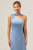 Dusty Blue Sheath One-Shoulder Satin Maxi Dress with Streamer