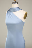 Sheath One-Shoulder Long Satin Dusty Blue Bridesmaid Dress