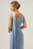 Dusty Blue Sheath One-Shoulder Satin Maxi Dress with Streamer