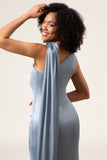 Dusty Blue Sheath One-Shoulder Long Satin Bridesmaid Dress
